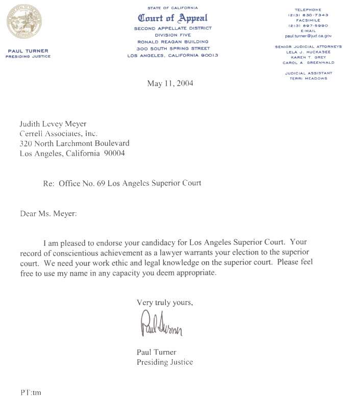 Presiding Justice Paul Turner, California Appellate Court, 2nd District, Division 5, endorses Judith L. Meyer for Los Angeles County Superior Court Judge 